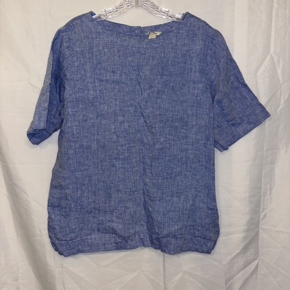 Vtg L.L.Bean 100% Linen Blouse Womens Large Blue Button Back Top Short Sleeve